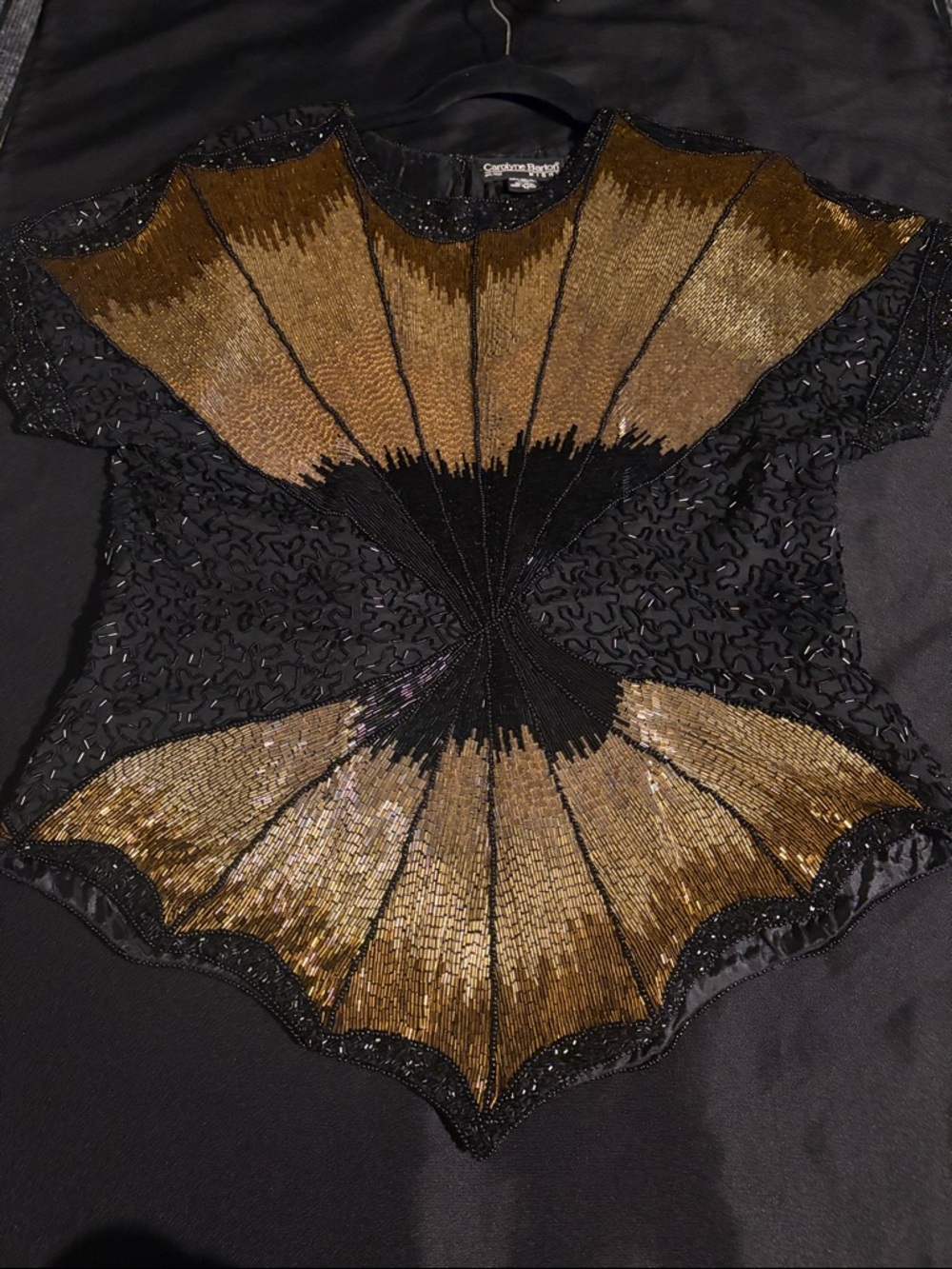 Vintage Beaded Fan-Panel Sequin Top - Black and Gold
